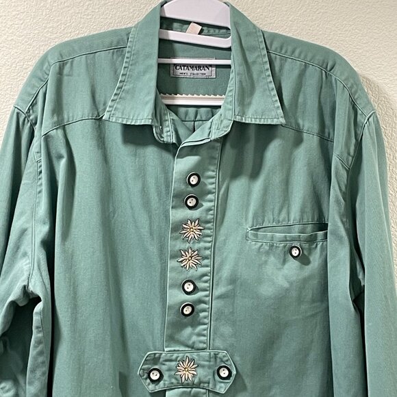 CATAMARAN Button Down Long Sleeve Embellished One of a Kind Shirt, Green - L/XL - Picture 5 of 11